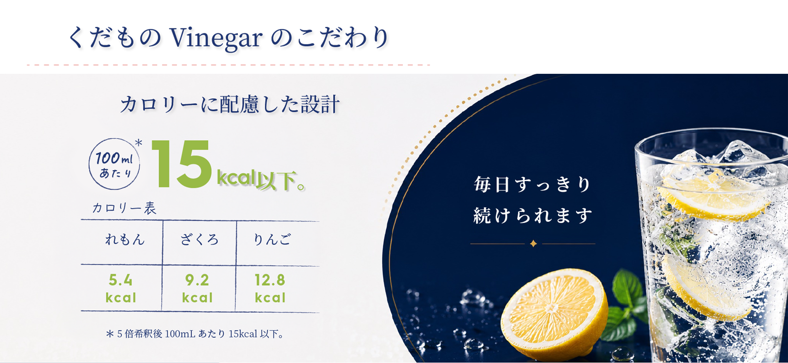 くだものVinegarのこだわり カロリーに配慮した設計 1杯あたり15kcal以下